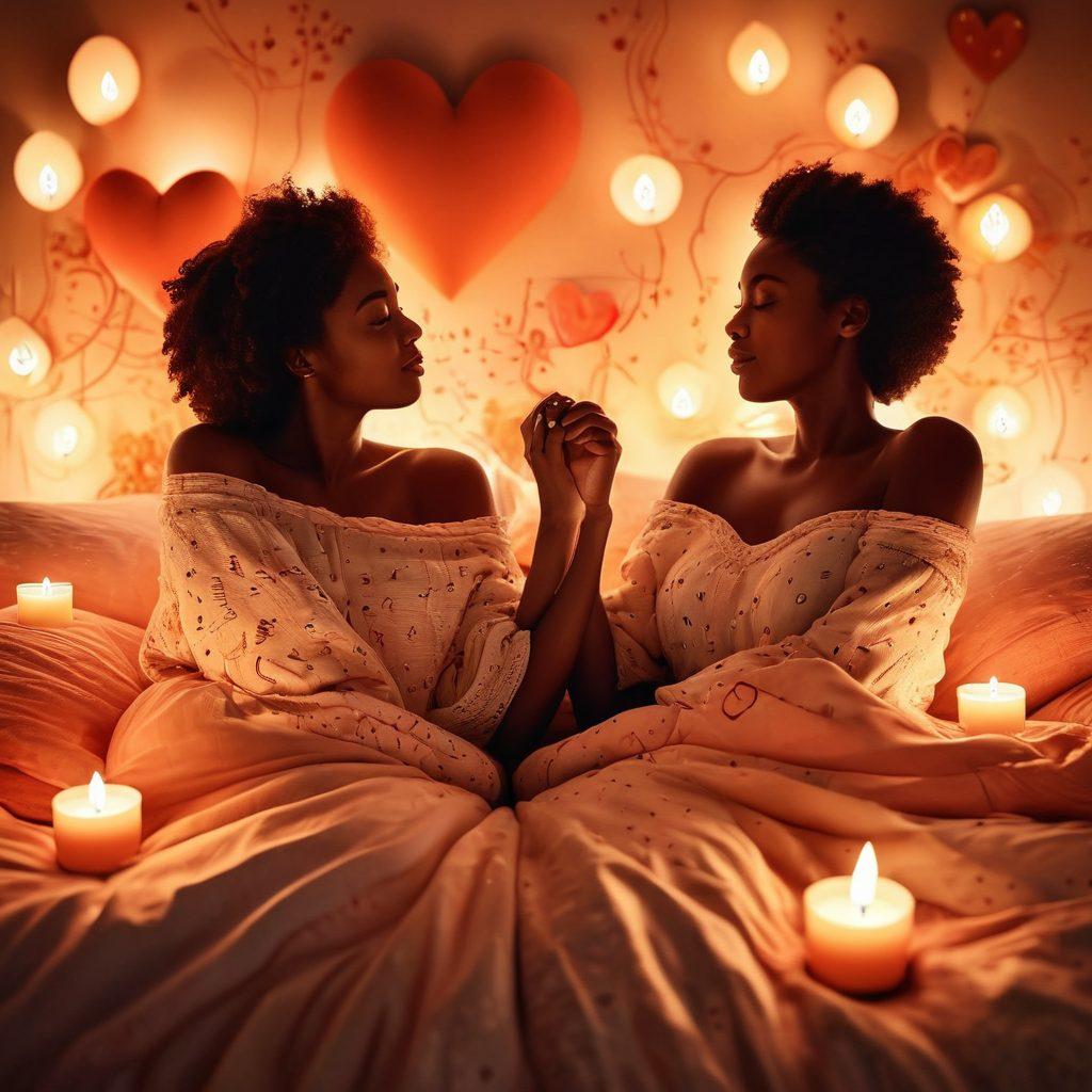 A cozy setting featuring two people engaged in a deep conversation over candlelight, surrounded by soft pillows and warm colors. They are holding hands, showcasing their emotional connection, with heart-shaped floating icons to symbolize love and communication. A background of gentle, abstract patterns that evoke feelings of intimacy and warmth. super-realistic. vibrant colors. soft focus.